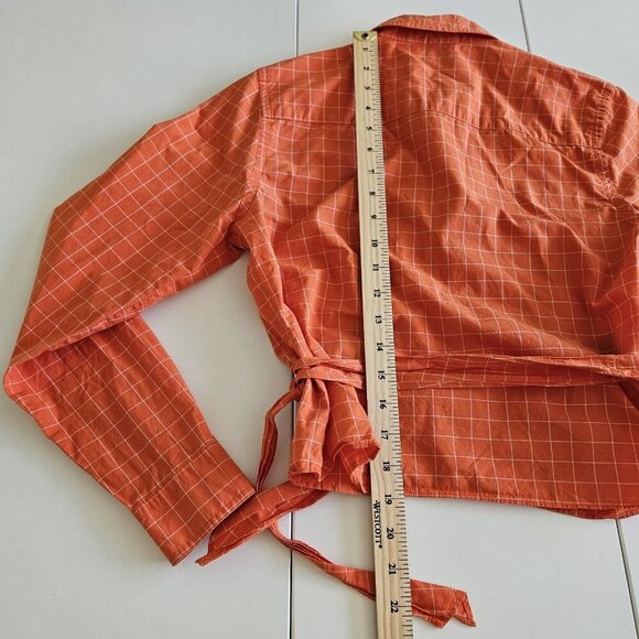 Lauren Ralph Lauren Top Womens Petite M Orange Plaid Cropped LS Tie Front Preppy - Picture 7 of 16
